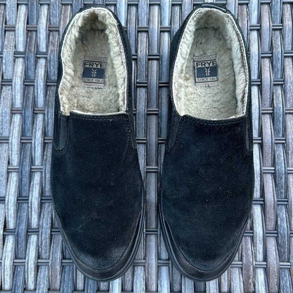 FRYE Gemma Black Suede Shearling Lined Slip-on Sneakers